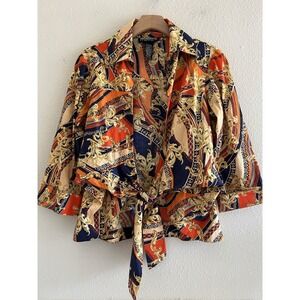 Mishca Tie Front Top 3/4 Sleeve Flip Cuffs Desingner Print Small Coquette Luxy